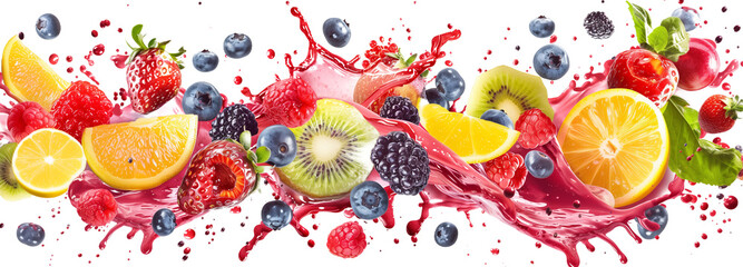 Fruit and berries burst.Splash of juice.Sweet tropical fruits and mixed berries. 