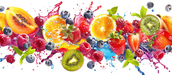 Fruits and berries splash of juice.Sweet tropical fruits and mixed berries.  © YUTTADANAI