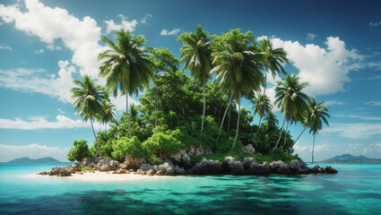Obraz premium small tropical island with green palm trees and white sand surrounded