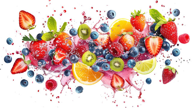 Fruit and berries burst.Splash of juice.Sweet tropical fruits and mixed berries. 