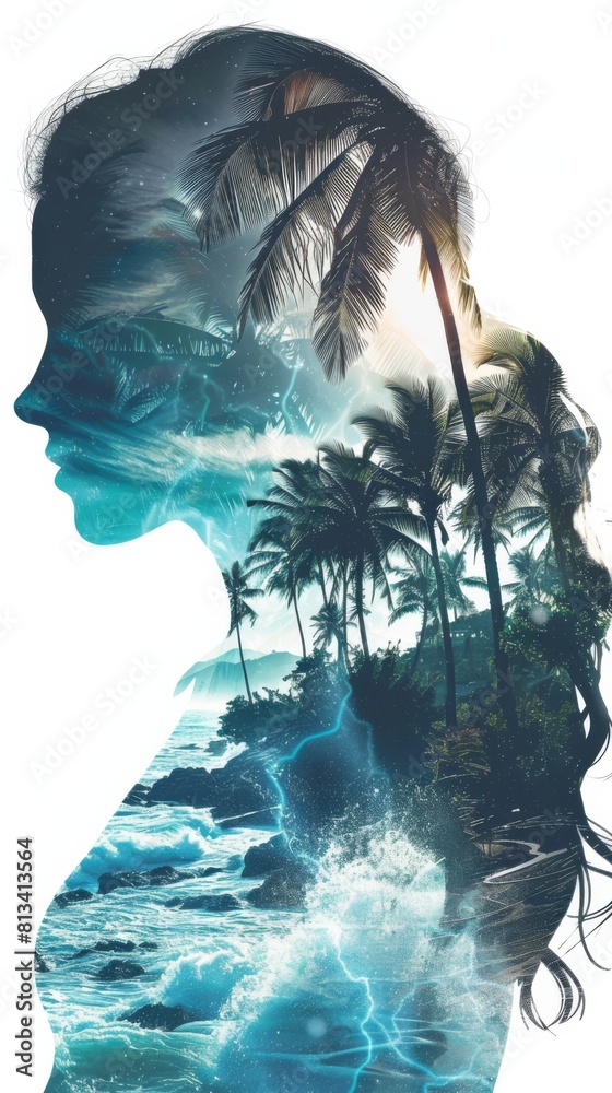 Poster a womans silhouette in profile against a backdrop of tall palm trees. the palm trees stand tall and 