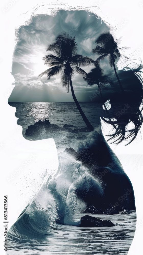 Leinwandbilder A close-up of a womans face with a palm tree in the background, creating a striking double exposure effect.