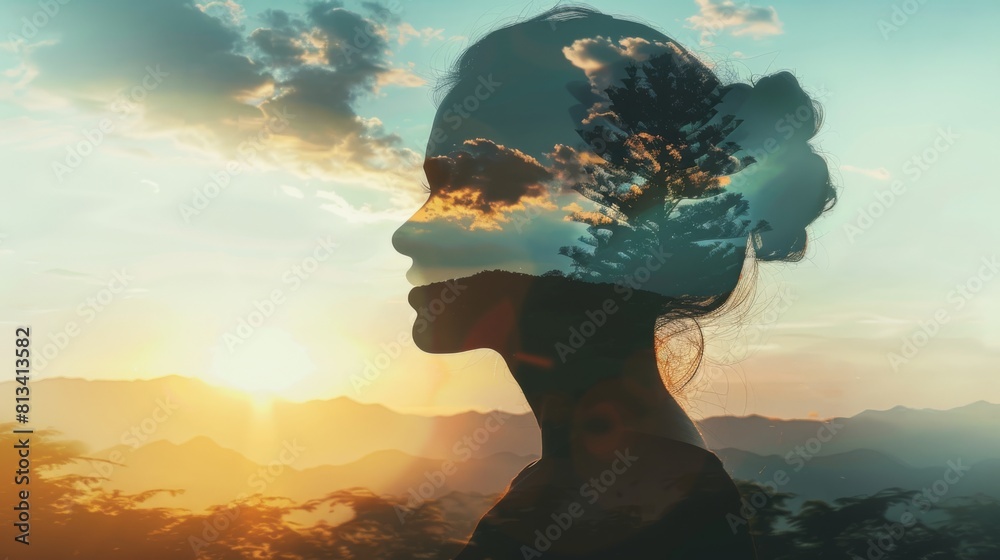 Poster a womans head is featured prominently in the center of the image. in the background, a vast blue sky
