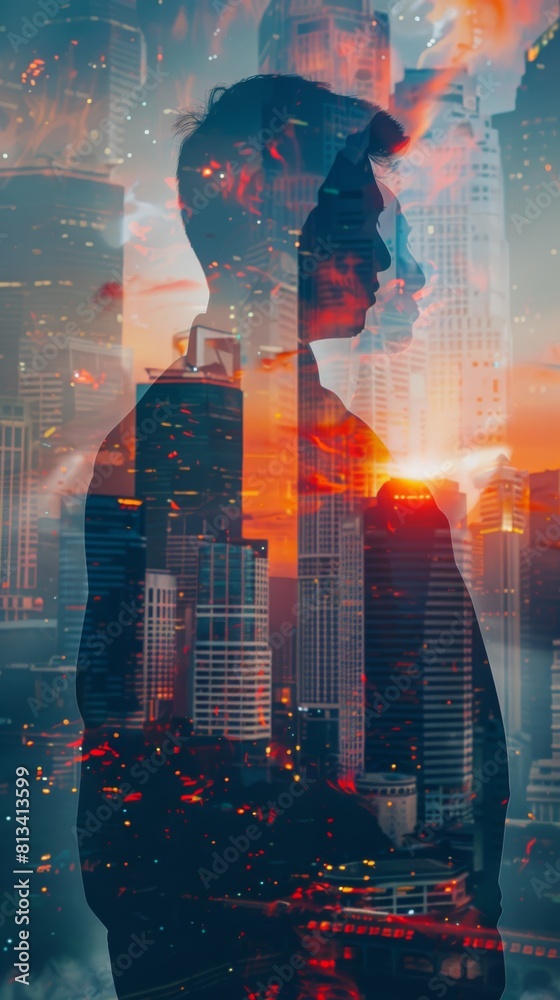 Aufkleber a man is standing against the backdrop of a bustling city skyline in a visually layered double expos