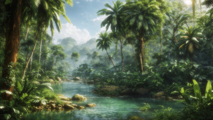 wide river flows through a dense jungle