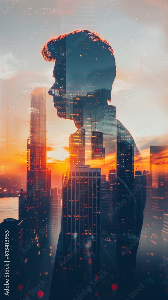 Poster A man is depicted in a double exposure photo against a cityscape backdrop. The image merges the outline of the person with the urban environment, creating a striking visual effect.