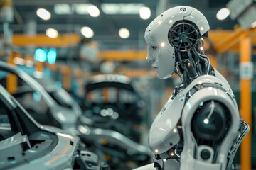 Fototapeta premium Robot human replacing jobs AI artificial intelligence humanoid, working at automobile factory