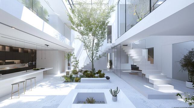 Minimalist cubic house with an open-plan design and a central atrium that brings natural light deep into the home.