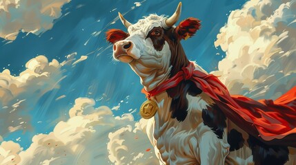 Naklejka premium A cow with a red cape on its back