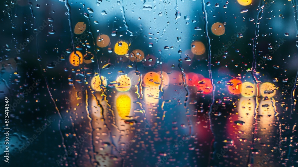 Poster rain drops are streaked across a window as cars pass by on the wet street, creating a blurred effect