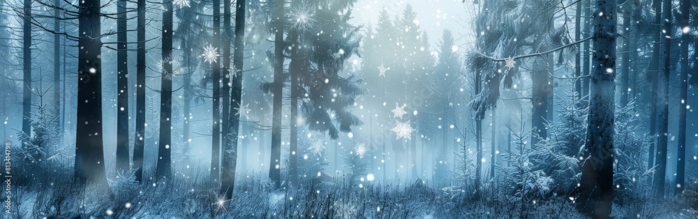 Poster a snowy forest with trees covered in snow