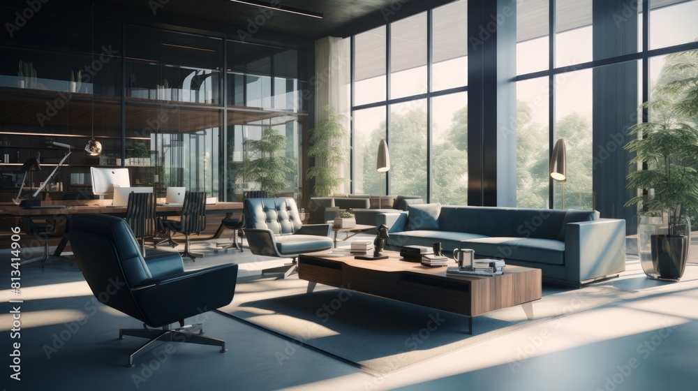 Poster generative ai exclusive executive suite with a private office and meeting area.