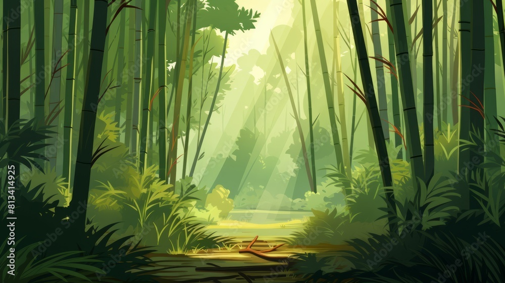 Poster generative ai a serene bamboo forest with tall stalks and filtered sunlight.