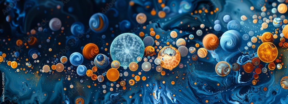 Wall mural This abstract painting features vibrant blue and orange bubbles of varying sizes floating across the canvas. The contrasting colors create a dynamic composition, with the bubbles appearing to be in mo