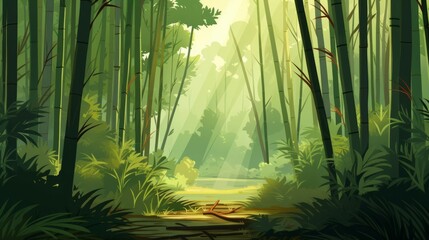 Generative AI A serene bamboo forest with tall stalks and filtered sunlight.