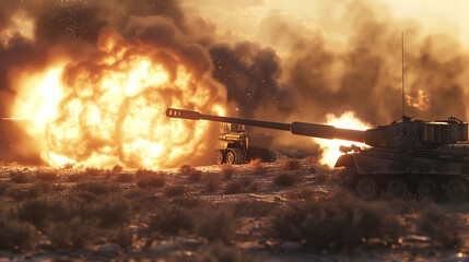 A visualization of artillery units firing heavy cannons during live-fire exercises, demonstrating...