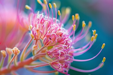 Fototapeta premium A detailed view of a pink Grevillea flower, showcasing its delicate petals and prominent yellow stamen in vivid colors.