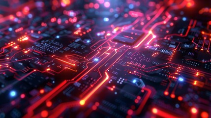 Fototapeta premium Capture a hyper-realistic 3D close-up of interconnected digital circuits pulsating with neon lights