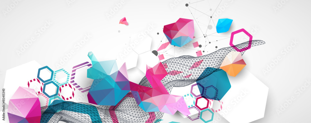 Poster Abstract wave with colorful hexagons and plexus effect. Scientific and technological background. Vector.