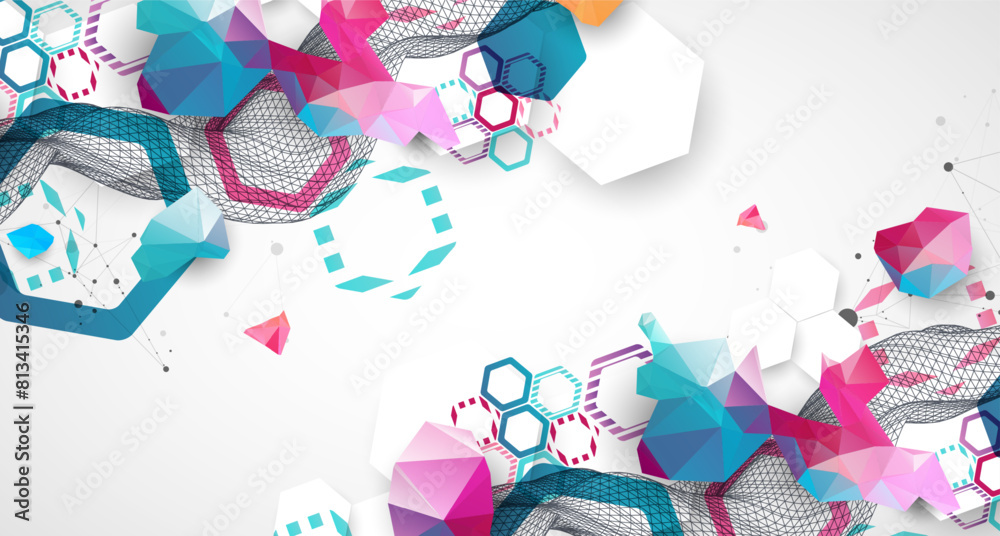 Poster Abstract wave with colorful hexagons and plexus effect. Scientific and technological background. Vector.