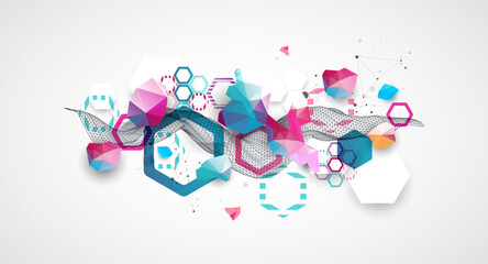 Abstract wave with colorful hexagons and plexus effect. Scientific and technological background. Vector.