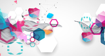 Abstract wave with colorful hexagons and plexus effect. Scientific and technological background. Vector.