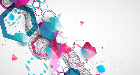 Abstract wave with colorful hexagons and plexus effect. Scientific and technological background. Vector.