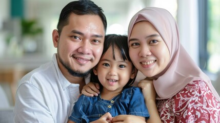 Fototapeta premium A man and woman are posing for a picture with a child. They stand close, smiling at the camera, creating a warm family portrait. The child looks happy and relaxed, adding joy to the scene.