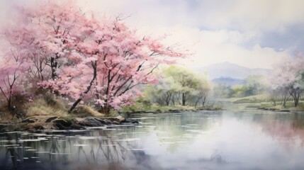 Generative AI A serene, misty morning in a cherry blossom garden. landscape watercolor