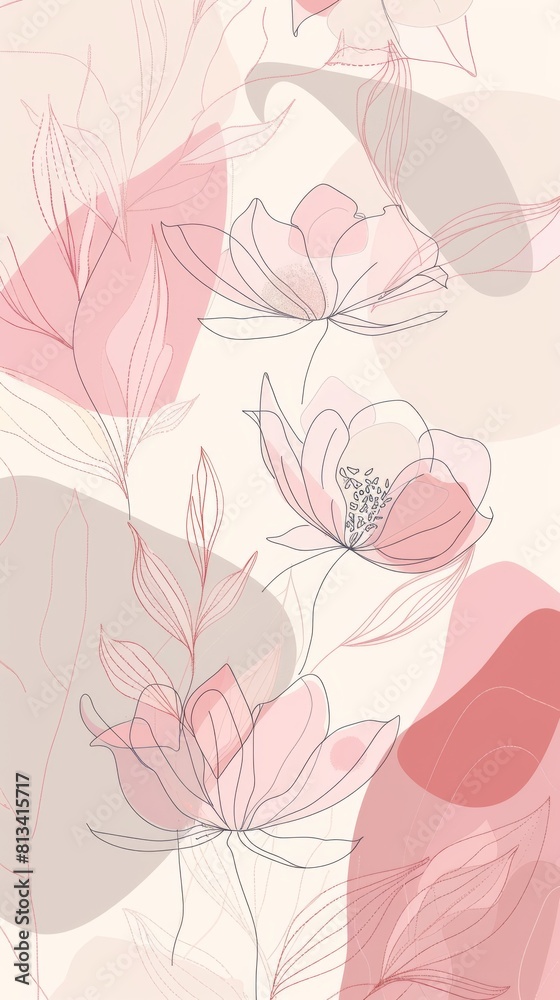 Poster A detailed pink flower pattern with green leaves is displayed on a clean white background. The intricate design adds a touch of elegance and charm to any project or design.