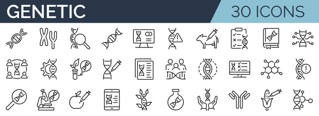 Set of 30 outline icons related to genetic. Linear icon collection. Editable stroke. Vector illustration