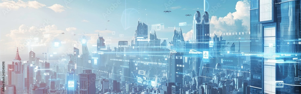 Aufkleber a futuristic city with towering skyscrapers reaching towards the clear blue sky. the skyline is fill