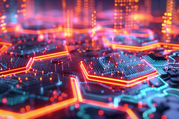 Obraz premium 3D rendered futuristic digital world, illuminated by neon connectivity and advanced hexagonal cyber structures 
