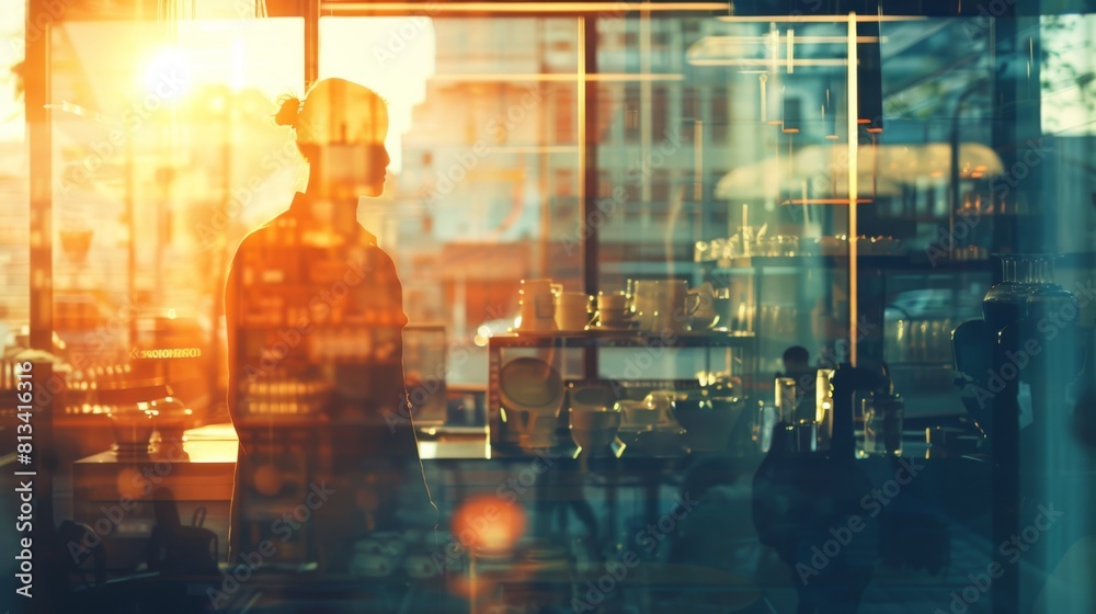 Poster a person is standing upright in front of a large window, looking outside. the indoor environment is 