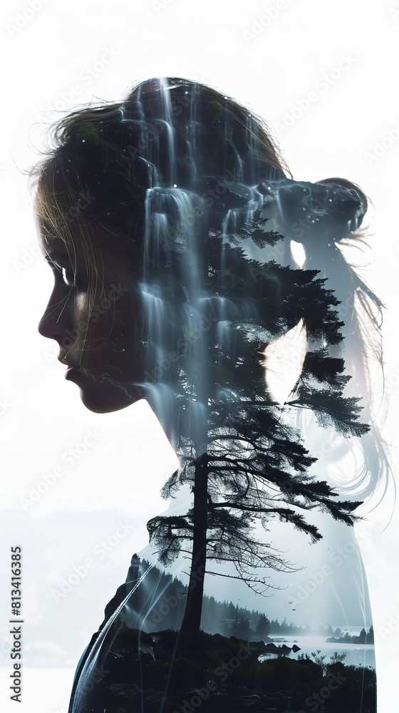 Poster a womans face is seen reflected in the rippling water, creating a double exposure effect. the image 