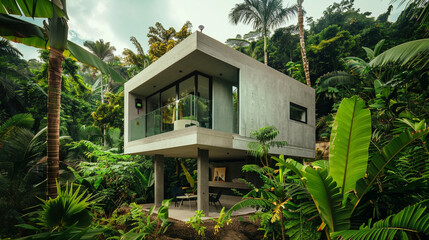 Minimalist cubic house with an integrated smart security system, set in a lush tropical forest.