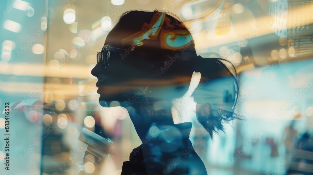Poster a woman is standing in front of a window with a blurry reflection of her face. the image has a dream