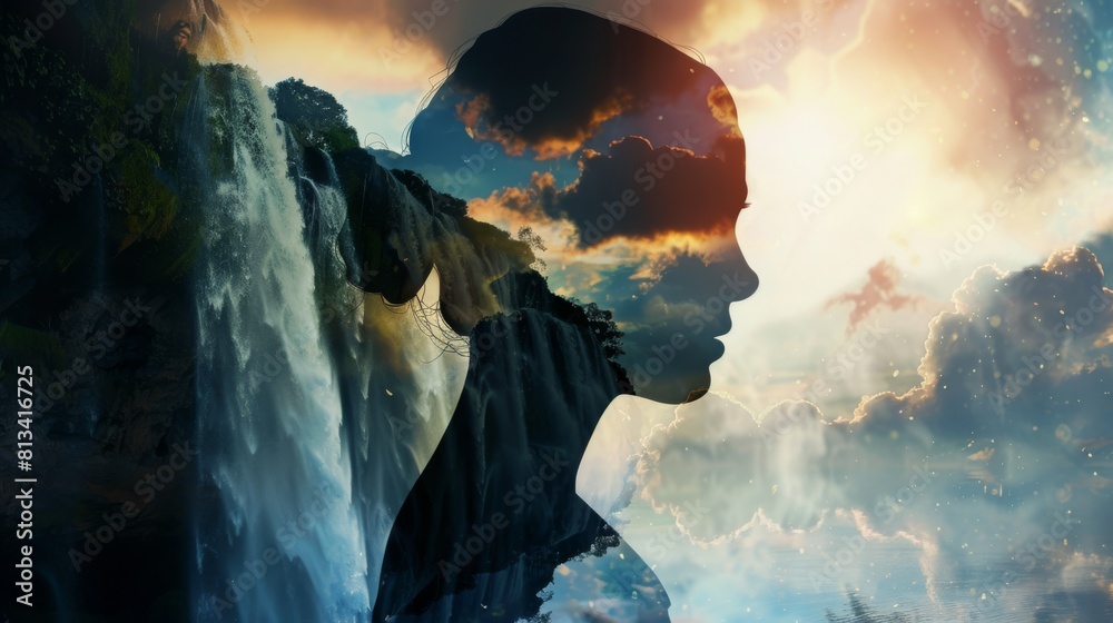 Poster a person is standing in front of a mighty waterfall, admiring its powerful rush of water cascading d