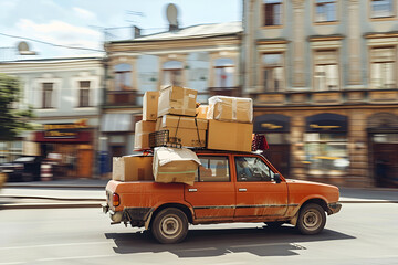 A Family car drives overloaded with Furniture and moving cartons