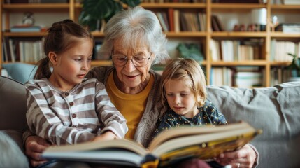 An older woman sits with two young girls, reading a book out loud to them. The girls lean in attentively, listening to the story with interest.