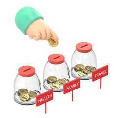 Transparent Backgrounds Mock-up.Flat 3d isometric businessman hand put coin into family, health, travel bottle, financial management concept.Supports PNG files with transparent backgrounds.
