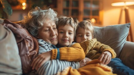 An older woman and two children are sitting together on a couch in a living room, sharing a moment of togetherness and connection.