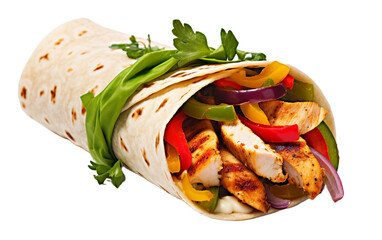 Vibrant Chicken Fajita Wrap with Colorful Peppers Isolated On Transparent Background PNG.