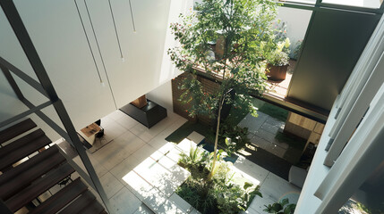 Minimalist cubic house with an open-plan design and a central atrium that brings natural light deep into the home.