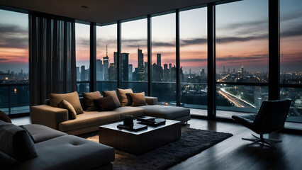 A modern living room interior with floor-to-ceiling windows overlooking a bustling cityscape at night