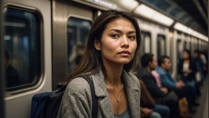 woman with backpack on subway train with background defocused blur