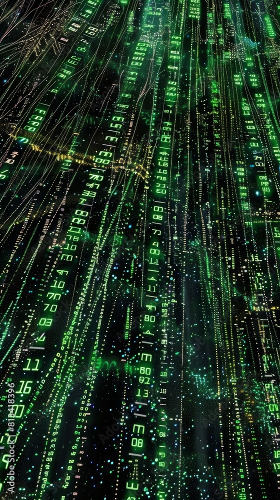 Aufkleber A digital design featuring a vibrant green and black background filled with numerous white numbers resembling a complex matrix. The numbers are arranged in a pattern, creating a visually striking and 