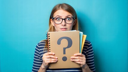 Perplexed Student with Question Mark Notebook: A student holding a notebook adorned with question mark stickers, portraying their academic curiosity or confusion