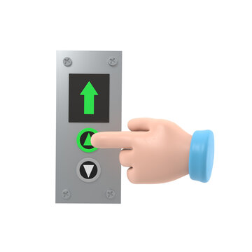 Businessman presses the lift button. 3d illustration flat design.Call elevator. Up arrow. Rise to the top floor. Finger on the button.Supports PNG files with transparent backgrounds.