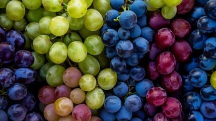 A close-up of fresh, juicy grapes in an assortment of colors neatly arranged showcasing the natural beauty and variety of the fruit